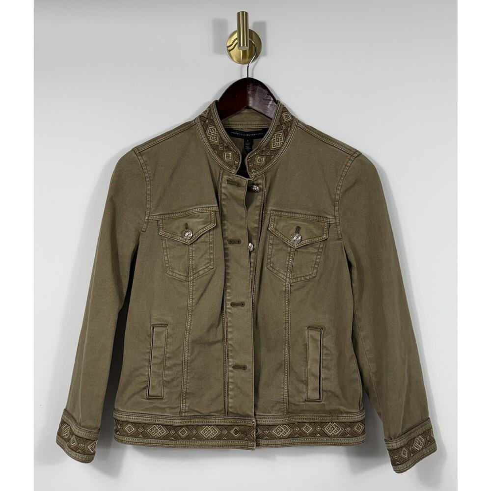 WHBM embroidered button front jacket Sz 4 olive green Smoky Topaz military vibe - Picture 2 of 13
